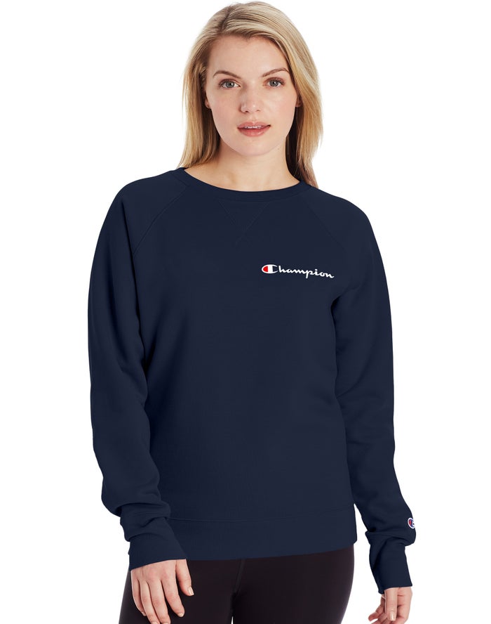 Champion Dame Sweatshirt Mørkeblå - Powerblend Fleece Classic Crew Script Logo - Danmark CXV-369712